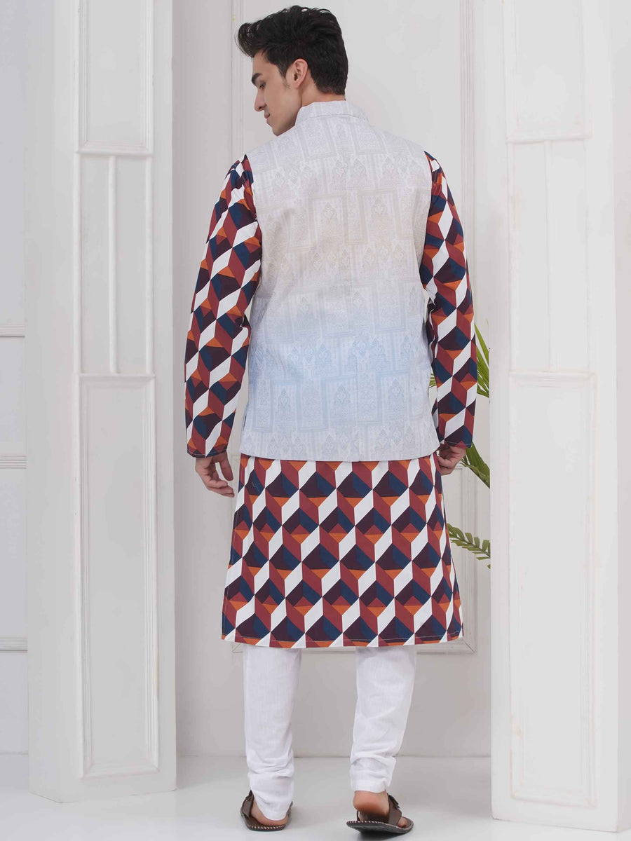 Mens Readymade Cotton Popline Print Kurta And Pyjama with Nehru Jacket