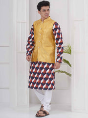 Mens Readymade Cotton Popline Print Kurta And Pyjama with Nehru Jacket