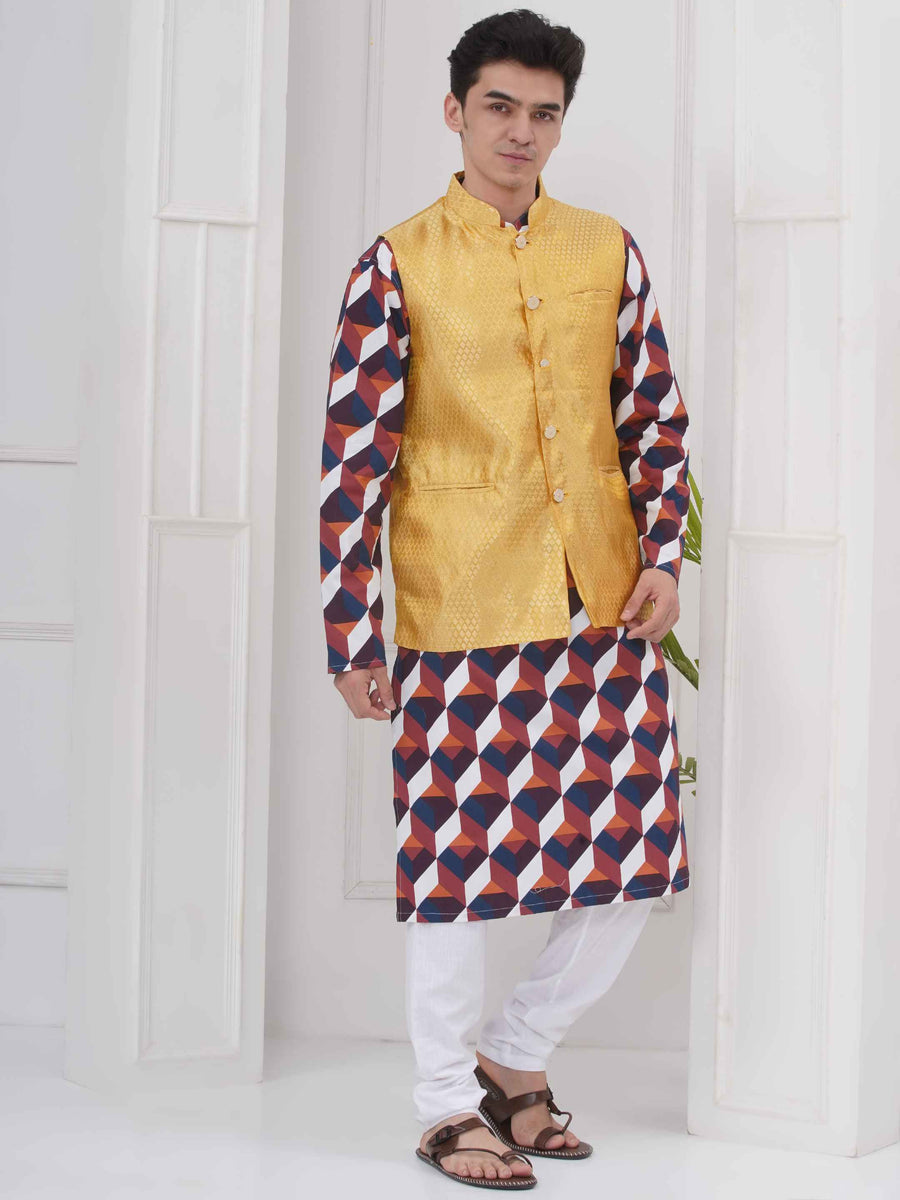 Mens Readymade Cotton Popline Print Kurta And Pyjama with Nehru Jacket