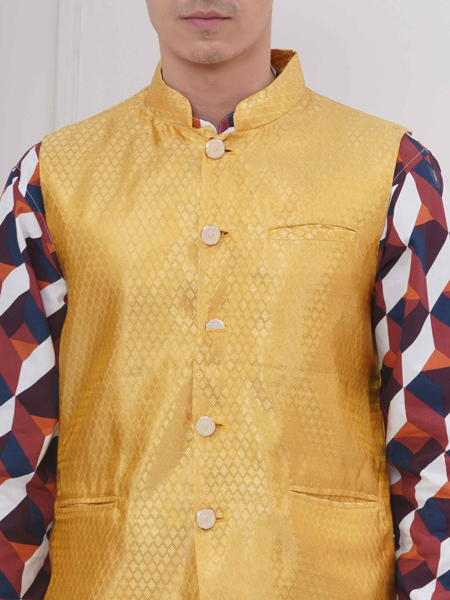 Mens Readymade Cotton Popline Print Kurta And Pyjama with Nehru Jacket