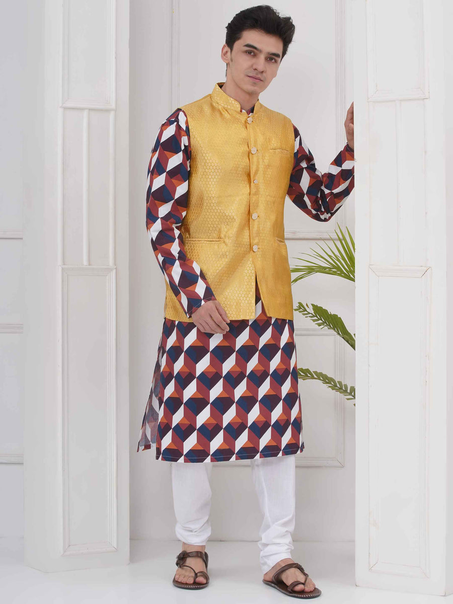 Mens Readymade Cotton Popline Print Kurta And Pyjama with Nehru Jacket