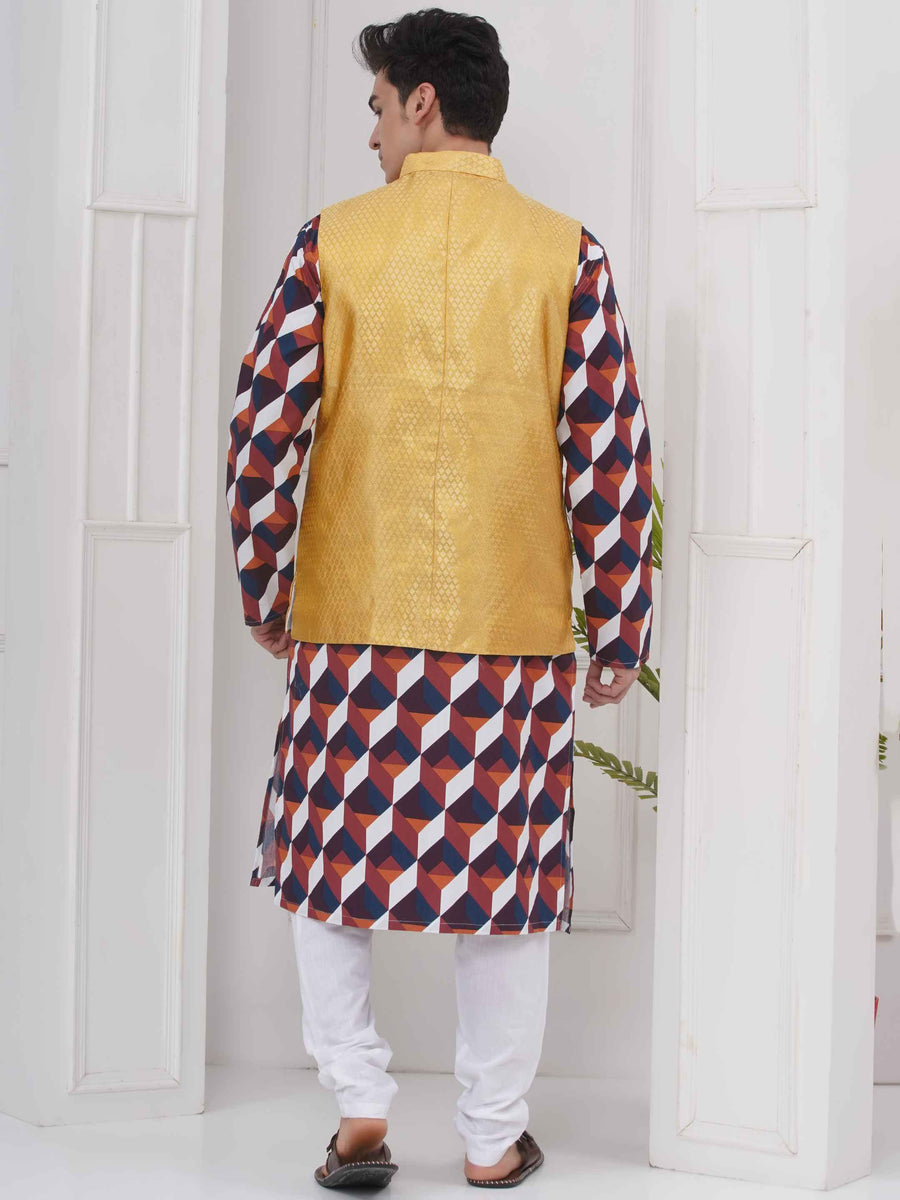 Mens Readymade Cotton Popline Print Kurta And Pyjama with Nehru Jacket