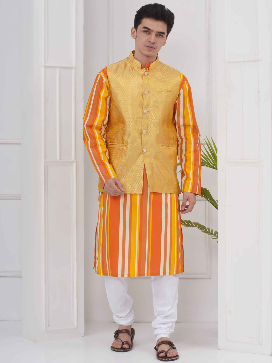 Mens Readymade Cotton Popline Print Kurta And Pyjama with Nehru Jacket