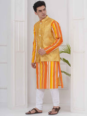 Mens Readymade Cotton Popline Print Kurta And Pyjama with Nehru Jacket