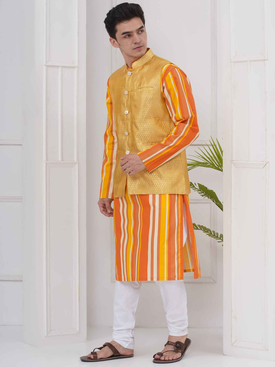 Mens Readymade Cotton Popline Print Kurta And Pyjama with Nehru Jacket