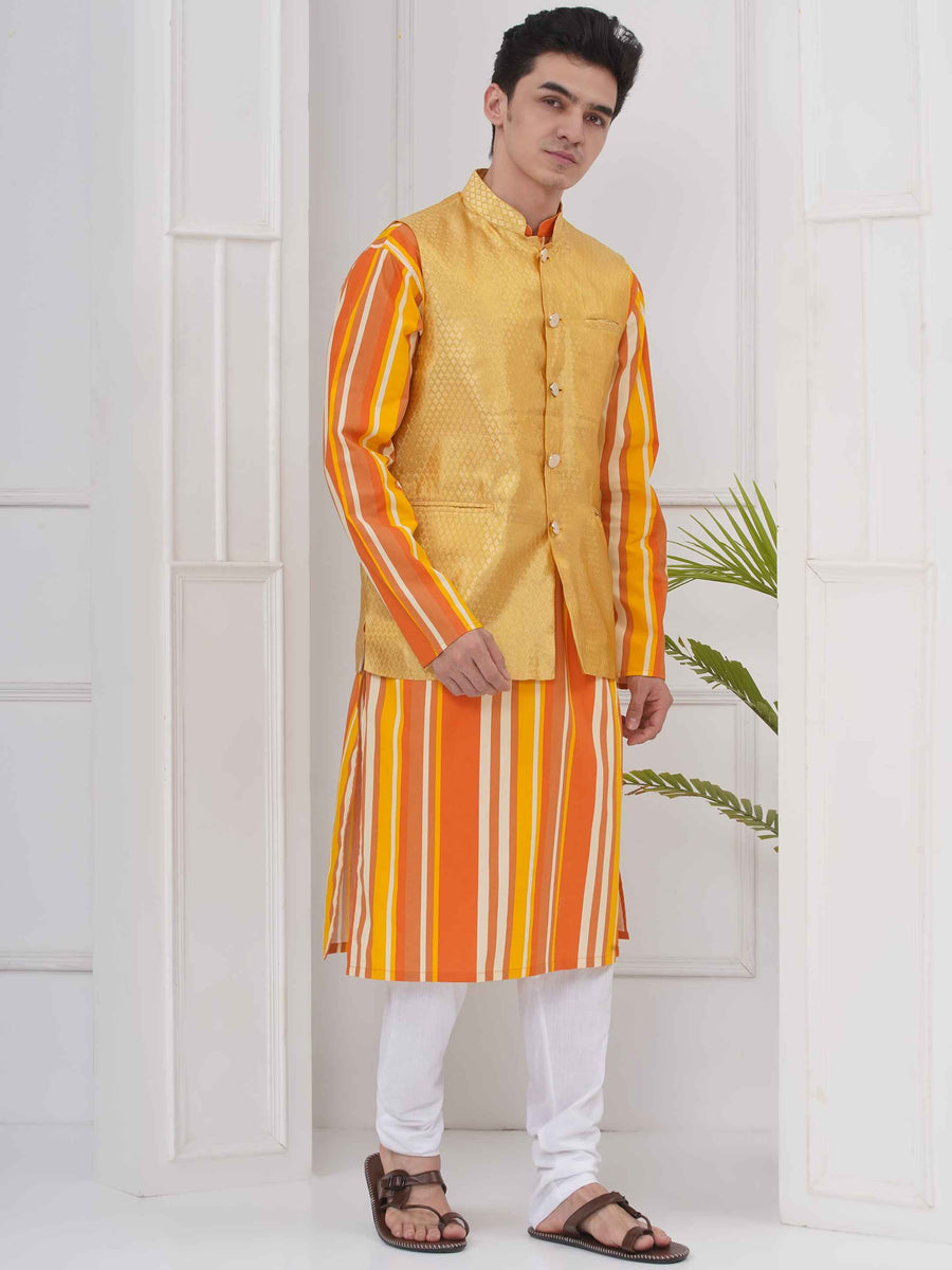 Mens Readymade Cotton Popline Print Kurta And Pyjama with Nehru Jacket