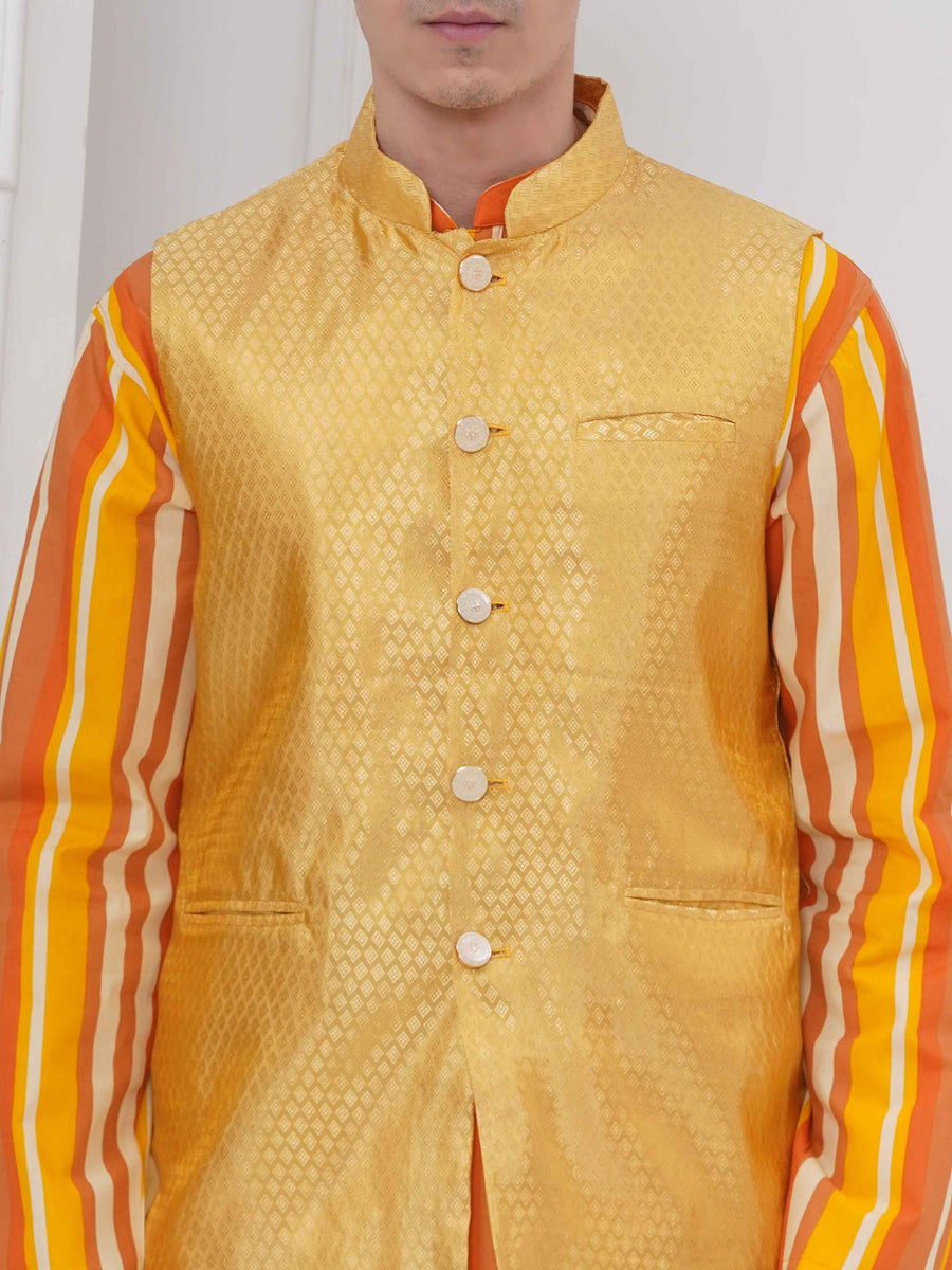 Mens Readymade Cotton Popline Print Kurta And Pyjama with Nehru Jacket