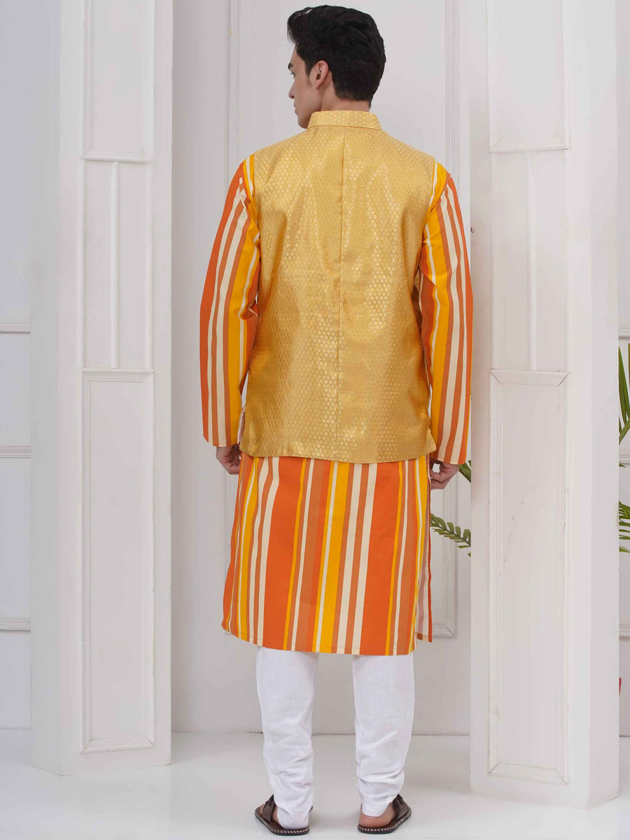 Mens Readymade Cotton Popline Print Kurta And Pyjama with Nehru Jacket