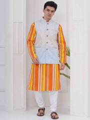 Mens Readymade Cotton Popline Print Kurta And Pyjama with Nehru Jacket