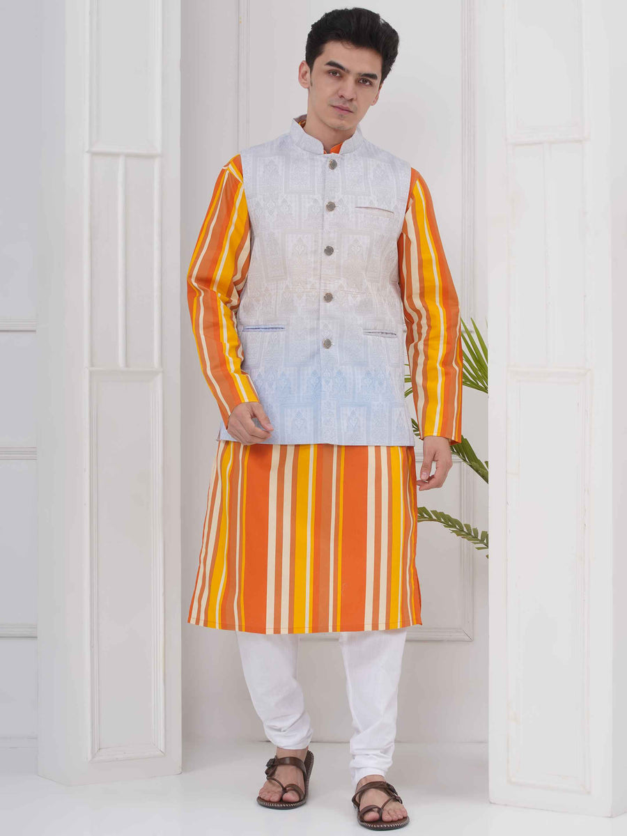 Mens Readymade Cotton Popline Print Kurta And Pyjama with Nehru Jacket