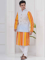 Mens Readymade Cotton Popline Print Kurta And Pyjama with Nehru Jacket