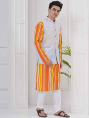 Mens Readymade Cotton Popline Print Kurta And Pyjama with Nehru Jacket