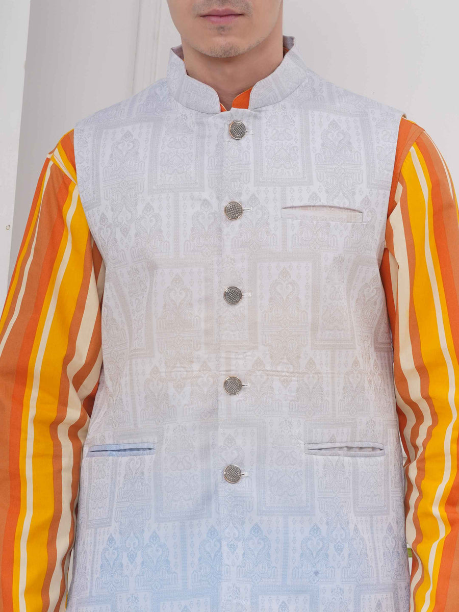 Mens Readymade Cotton Popline Print Kurta And Pyjama with Nehru Jacket