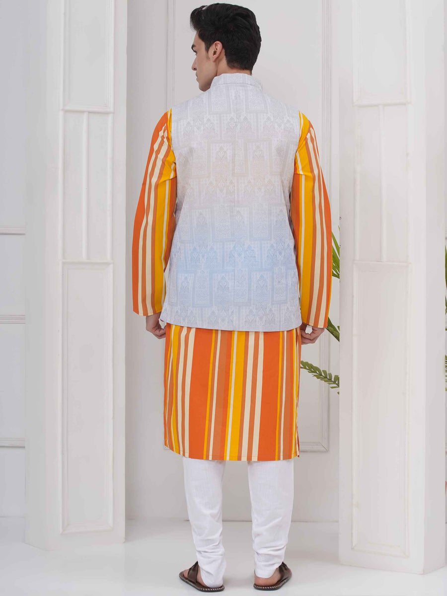 Mens Readymade Cotton Popline Print Kurta And Pyjama with Nehru Jacket