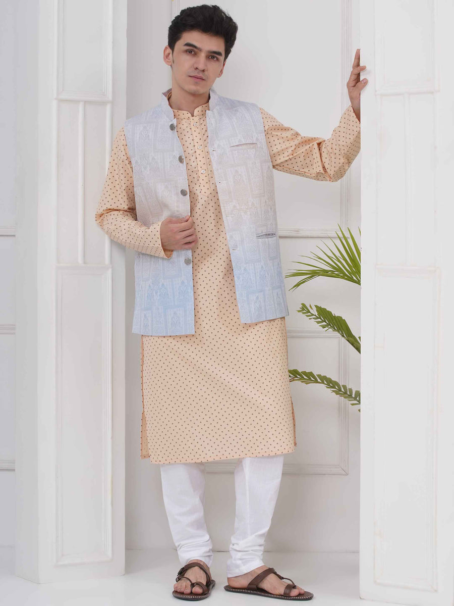 Mens Readymade Cotton Popline Print Kurta And Pyjama with Nehru Jacket