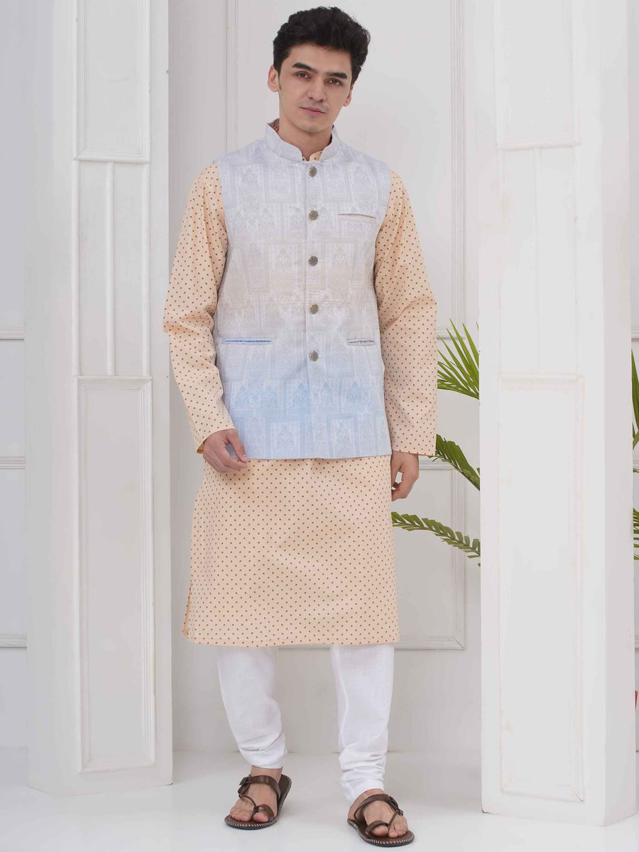 Mens Readymade Cotton Popline Print Kurta And Pyjama with Nehru Jacket