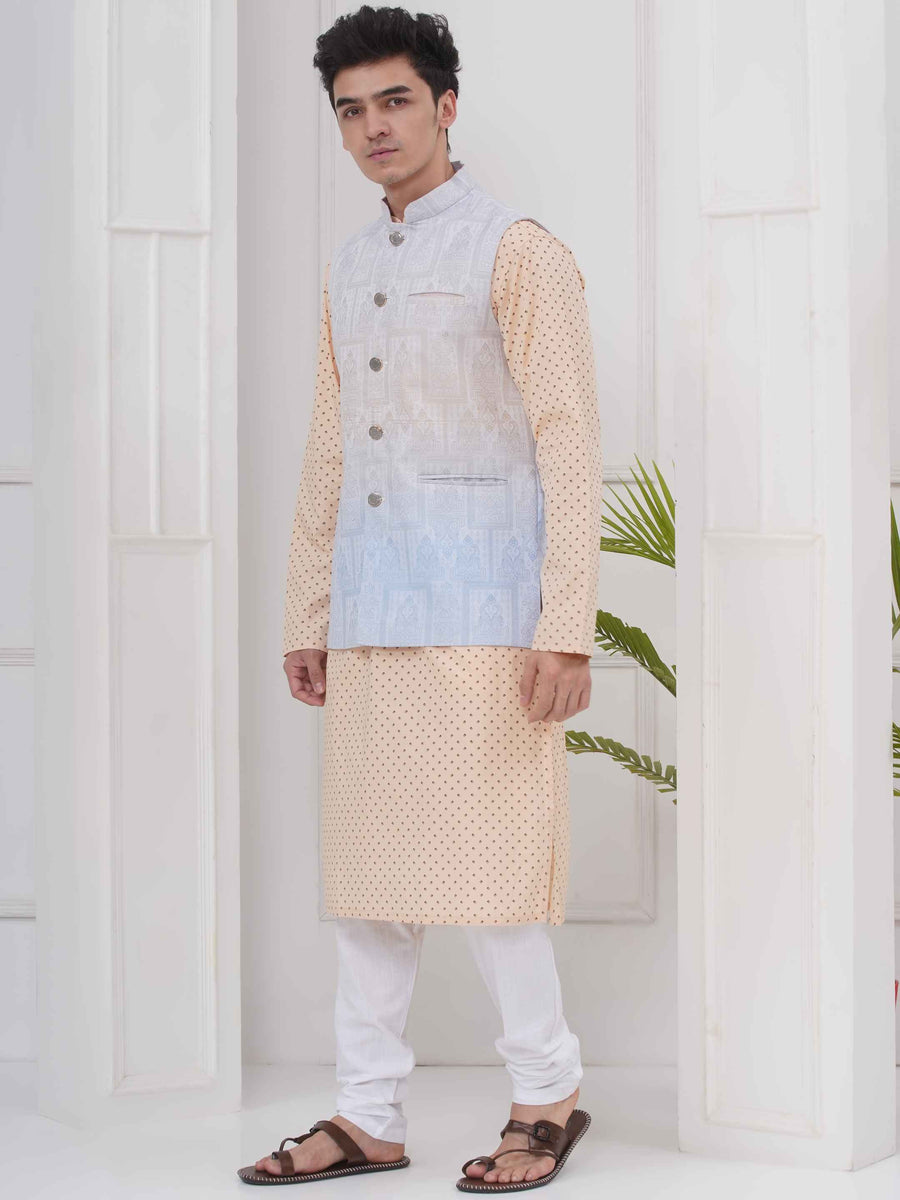 Mens Readymade Cotton Popline Print Kurta And Pyjama with Nehru Jacket
