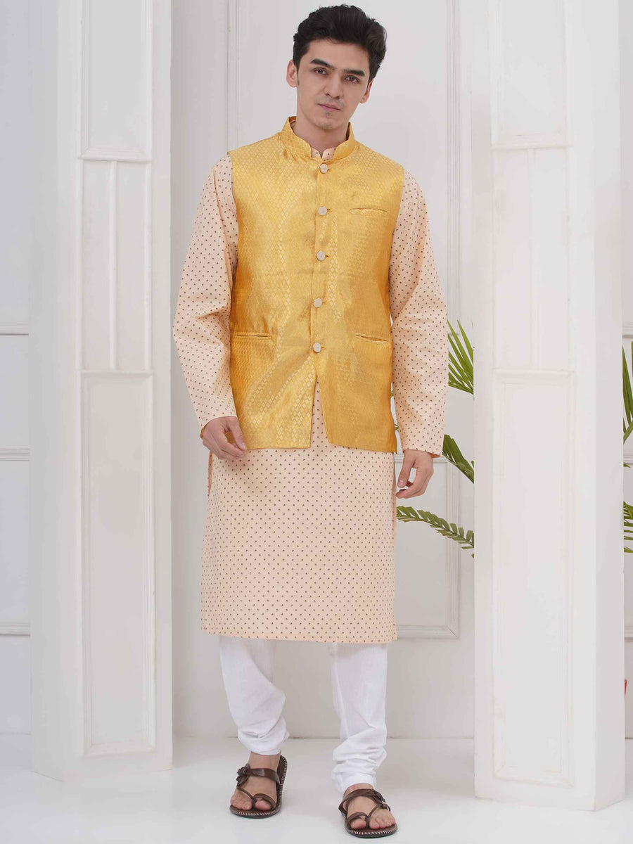 Mens Readymade Cotton Popline Print Kurta And Pyjama with Nehru Jacket