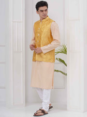 Mens Readymade Cotton Popline Print Kurta And Pyjama with Nehru Jacket