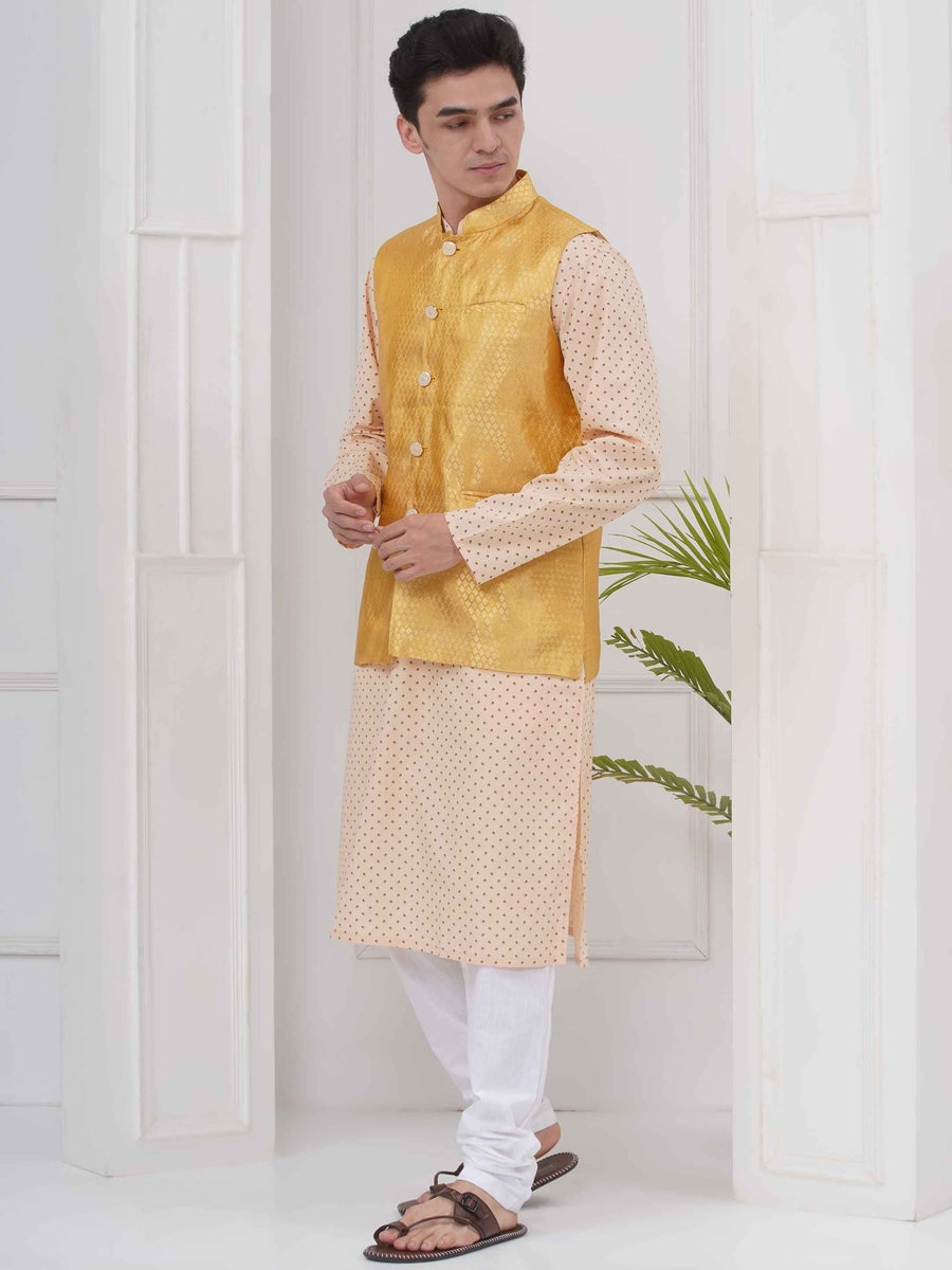 Mens Readymade Cotton Popline Print Kurta And Pyjama with Nehru Jacket
