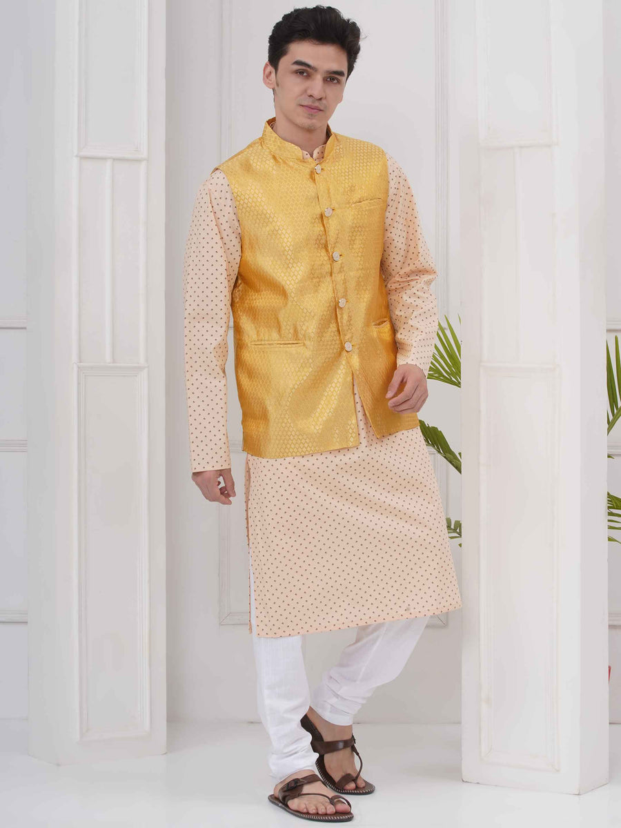 Mens Readymade Cotton Popline Print Kurta And Pyjama with Nehru Jacket