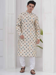 Mens Readymade Cotton Popline Print Kurta And Pyjama with Nehru Jacket