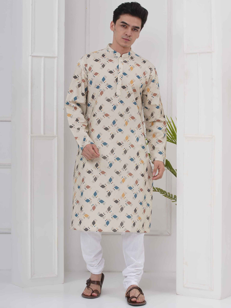 Mens Readymade Cotton Popline Print Kurta And Pyjama with Nehru Jacket