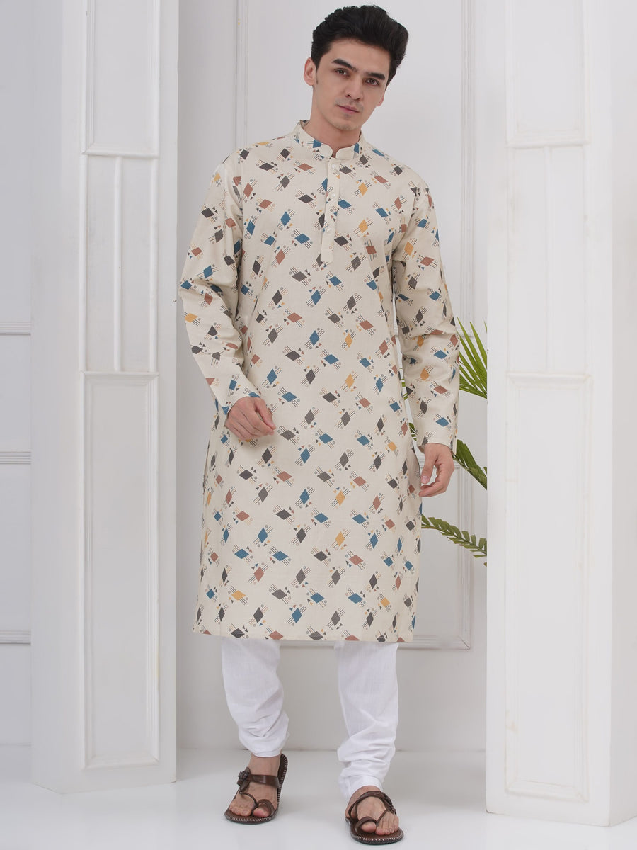 Mens Readymade Cotton Popline Print Kurta And Pyjama Set