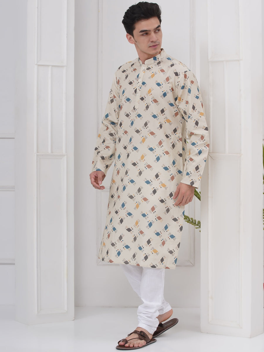 Mens Mandarin Collar Popline Printed Kurta