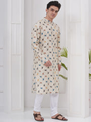 Mens Mandarin Collar Popline Printed Kurta