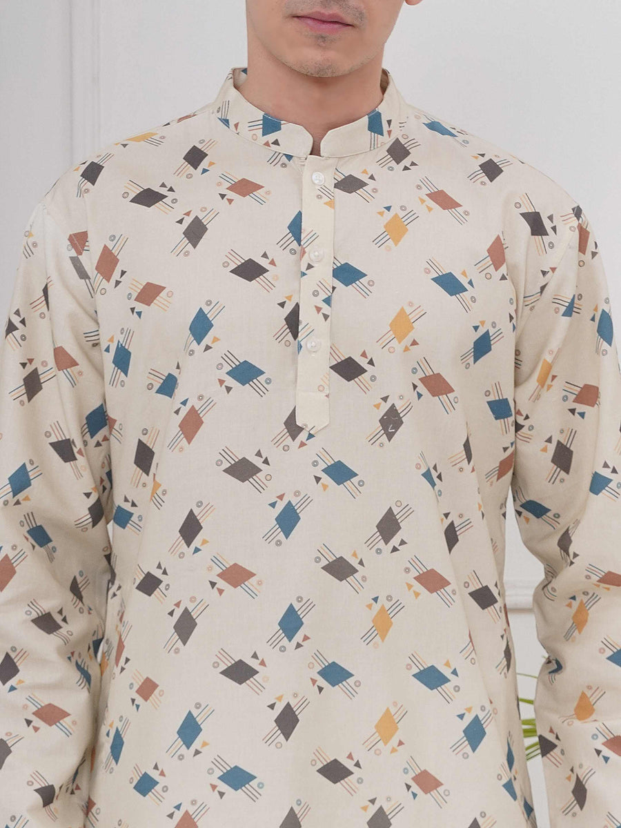 Mens Readymade Cotton Popline Print Kurta And Pyjama Set