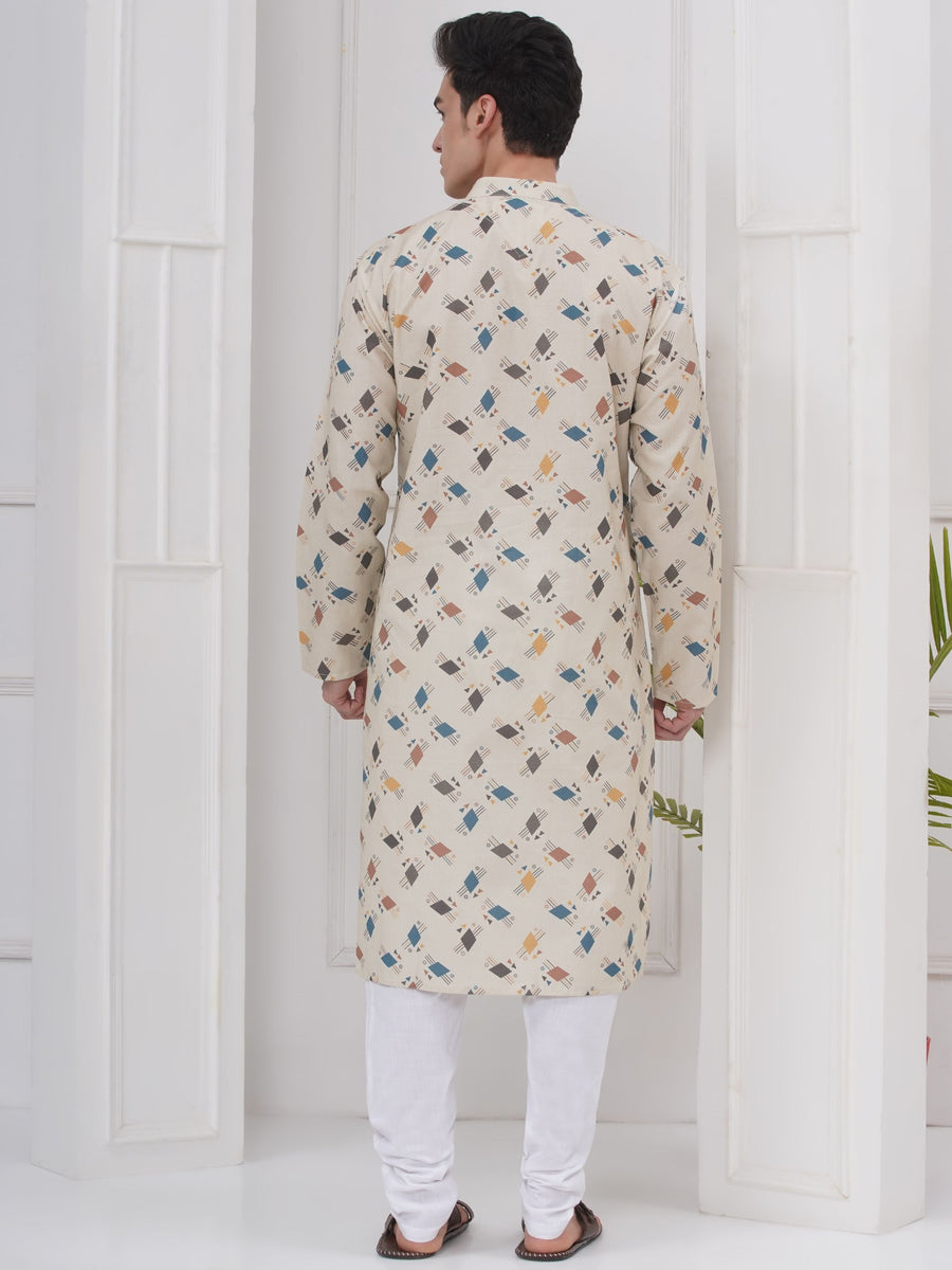 Mens Mandarin Collar Popline Printed Kurta