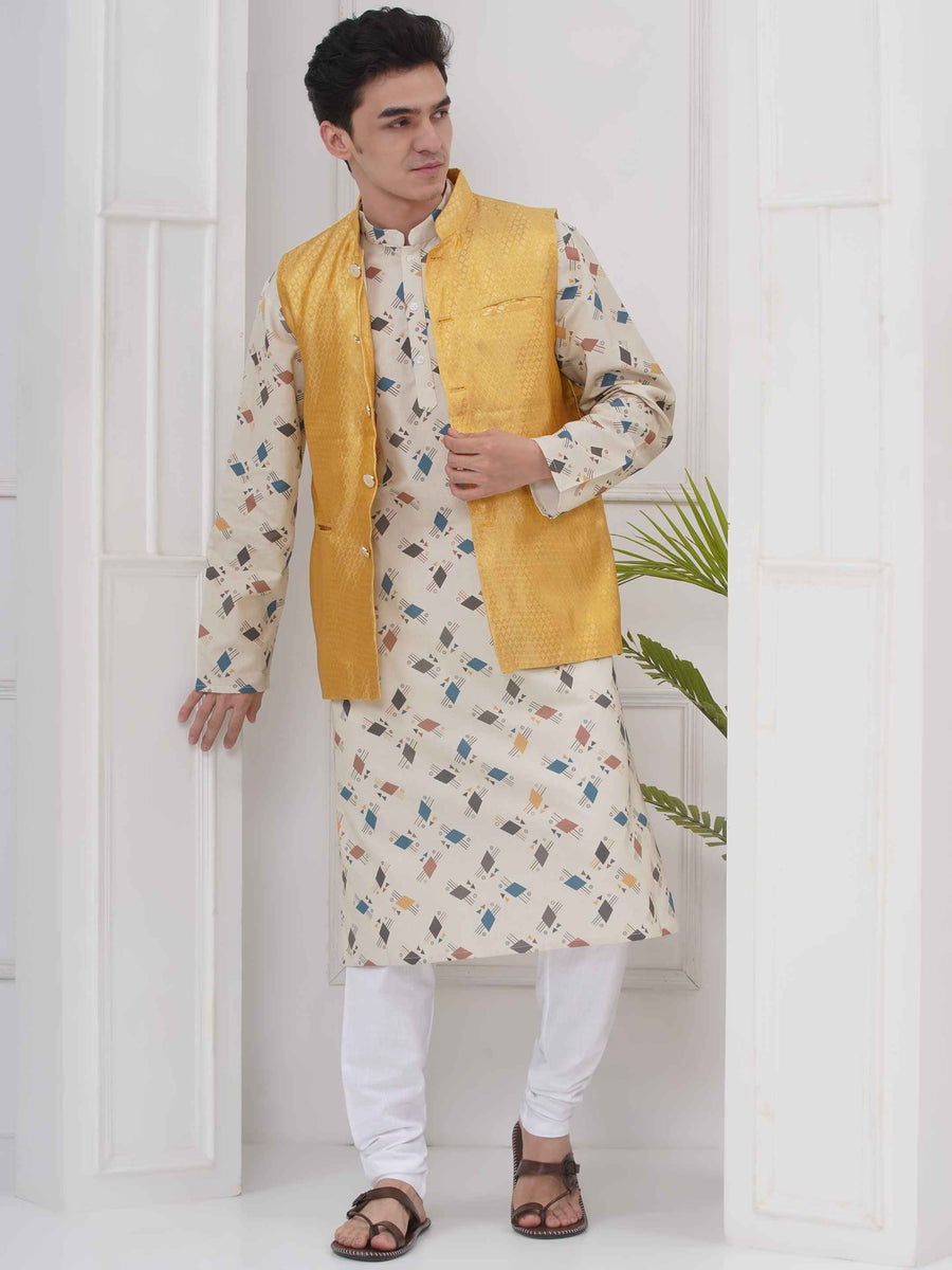 Mens Readymade Cotton Popline Print Kurta And Pyjama with Nehru Jacket
