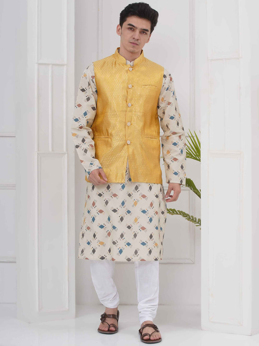 Mens Readymade Cotton Popline Print Kurta And Pyjama with Nehru Jacket
