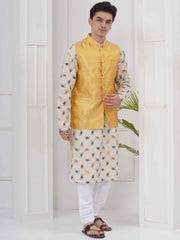 Mens Readymade Cotton Popline Print Kurta And Pyjama with Nehru Jacket