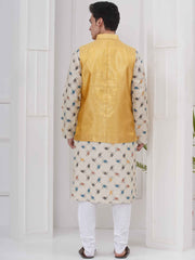 Mens Readymade Cotton Popline Print Kurta And Pyjama with Nehru Jacket
