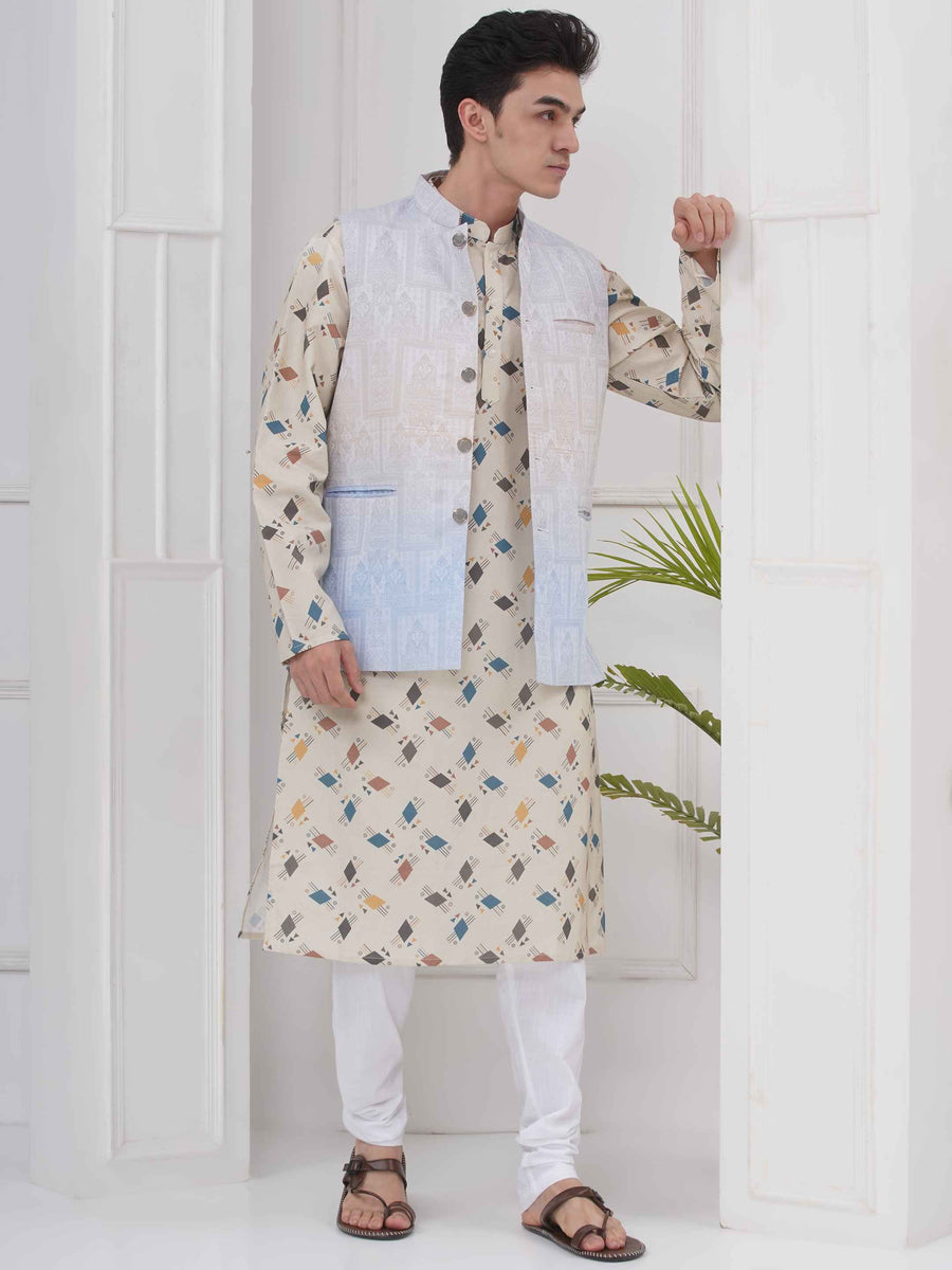 Mens Readymade Cotton Popline Print Kurta And Pyjama with Nehru Jacket