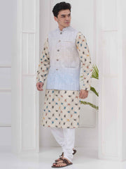 Mens Readymade Cotton Popline Print Kurta And Pyjama with Nehru Jacket