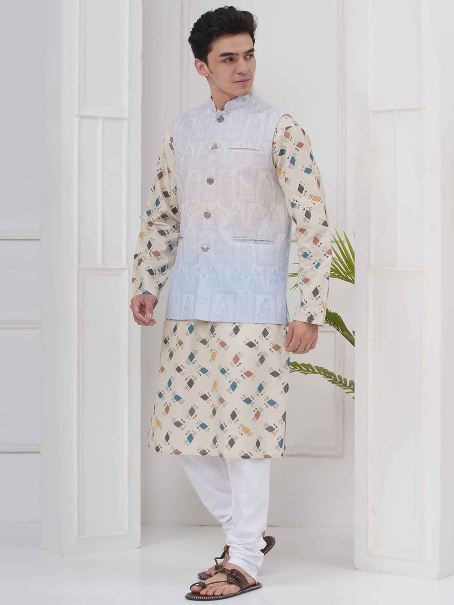 Mens Readymade Cotton Popline Print Kurta And Pyjama with Nehru Jacket