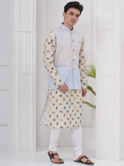 Mens Readymade Cotton Popline Print Kurta And Pyjama with Nehru Jacket