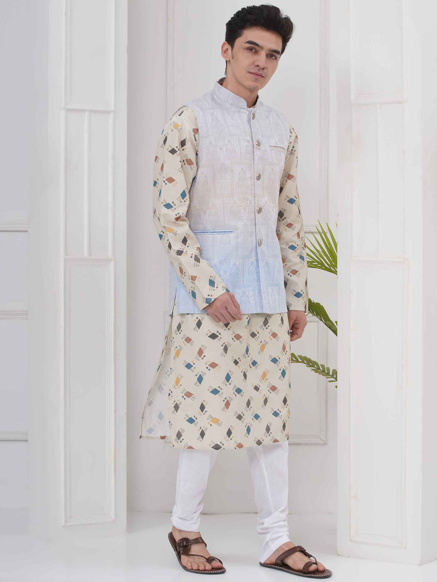 Mens Readymade Cotton Popline Print Kurta And Pyjama with Nehru Jacket