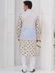 Mens Readymade Cotton Popline Print Kurta And Pyjama with Nehru Jacket