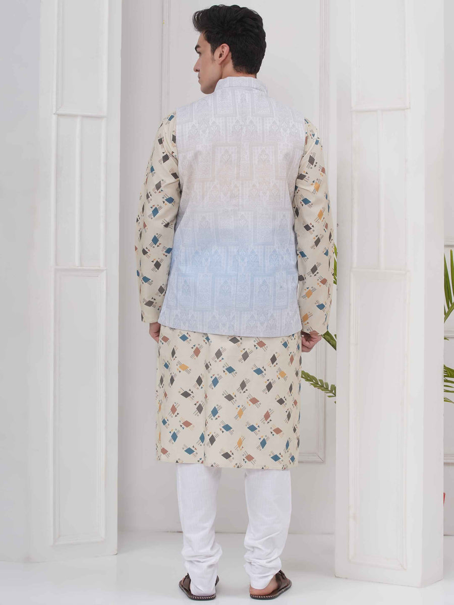 Mens Readymade Cotton Popline Print Kurta And Pyjama with Nehru Jacket