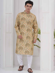 Mens Readymade Cotton Popline Print Kurta And Pyjama with Nehru Jacket