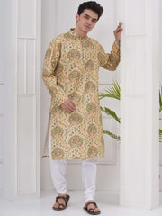 Mens Mandarin Collar Popline Printed Kurta