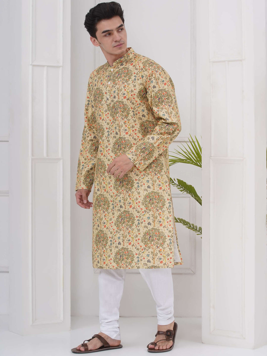 Mens Readymade Cotton Popline Print Kurta And Pyjama Set