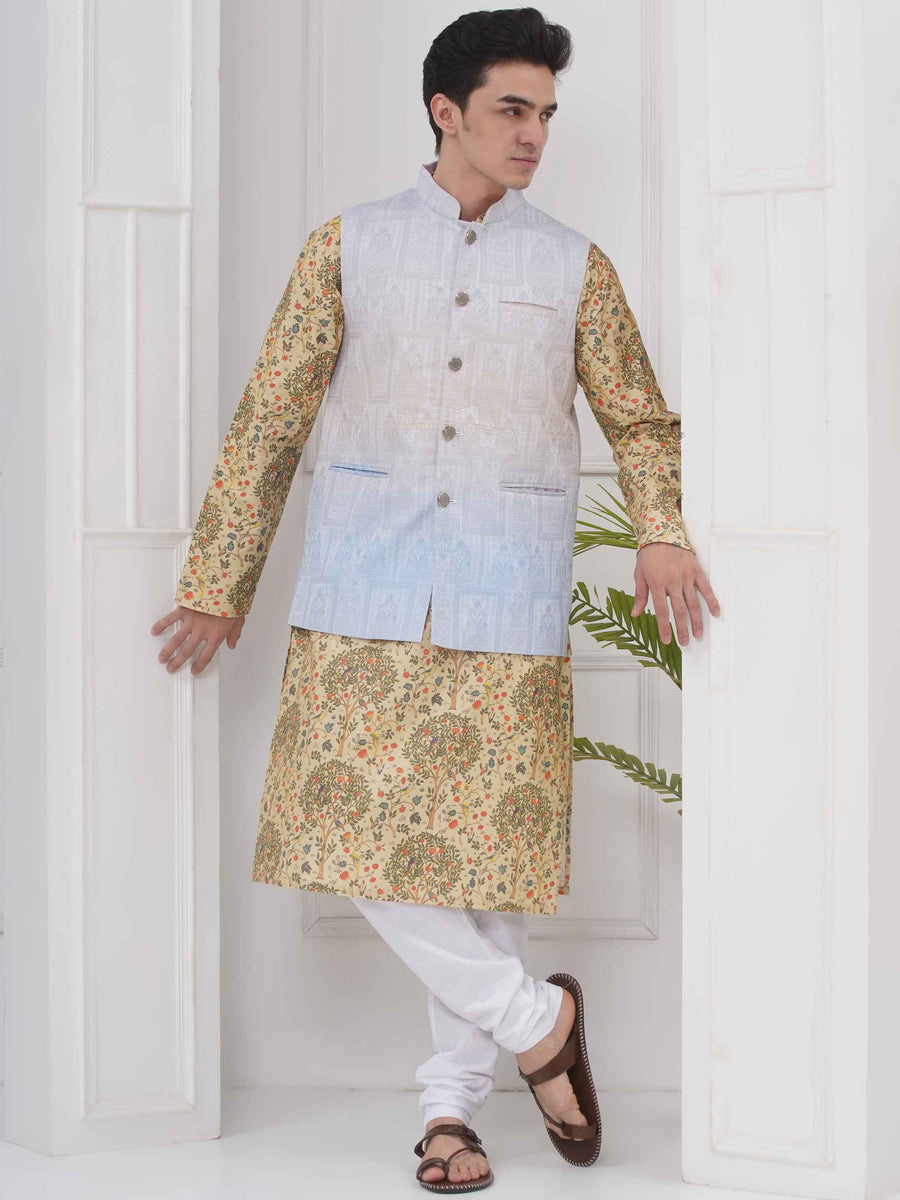 Mens Readymade Cotton Popline Print Kurta And Pyjama with Nehru Jacket