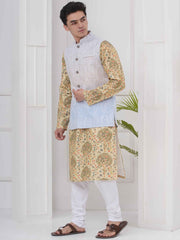 Mens Readymade Cotton Popline Print Kurta And Pyjama with Nehru Jacket