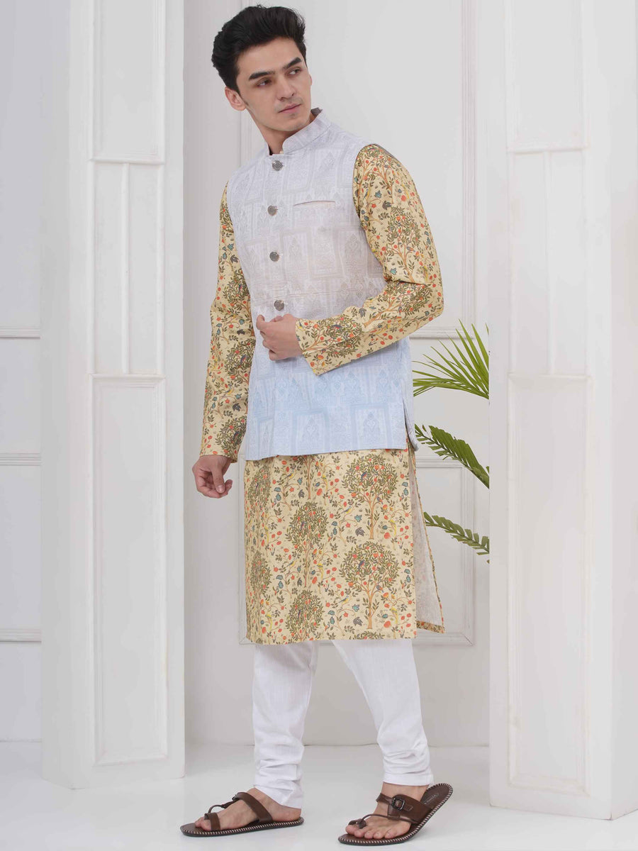 Mens Readymade Cotton Popline Print Kurta And Pyjama with Nehru Jacket
