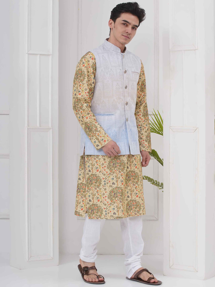 Mens Readymade Cotton Popline Print Kurta And Pyjama with Nehru Jacket